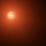 This illustration shows the seven TRAPPIST-1 planets as they might look as viewed from Earth using a fictional, incredibly powerful telescope. The sizes and relative positions are correctly to scale: This is such a tiny planetary system that its sun, TRAP